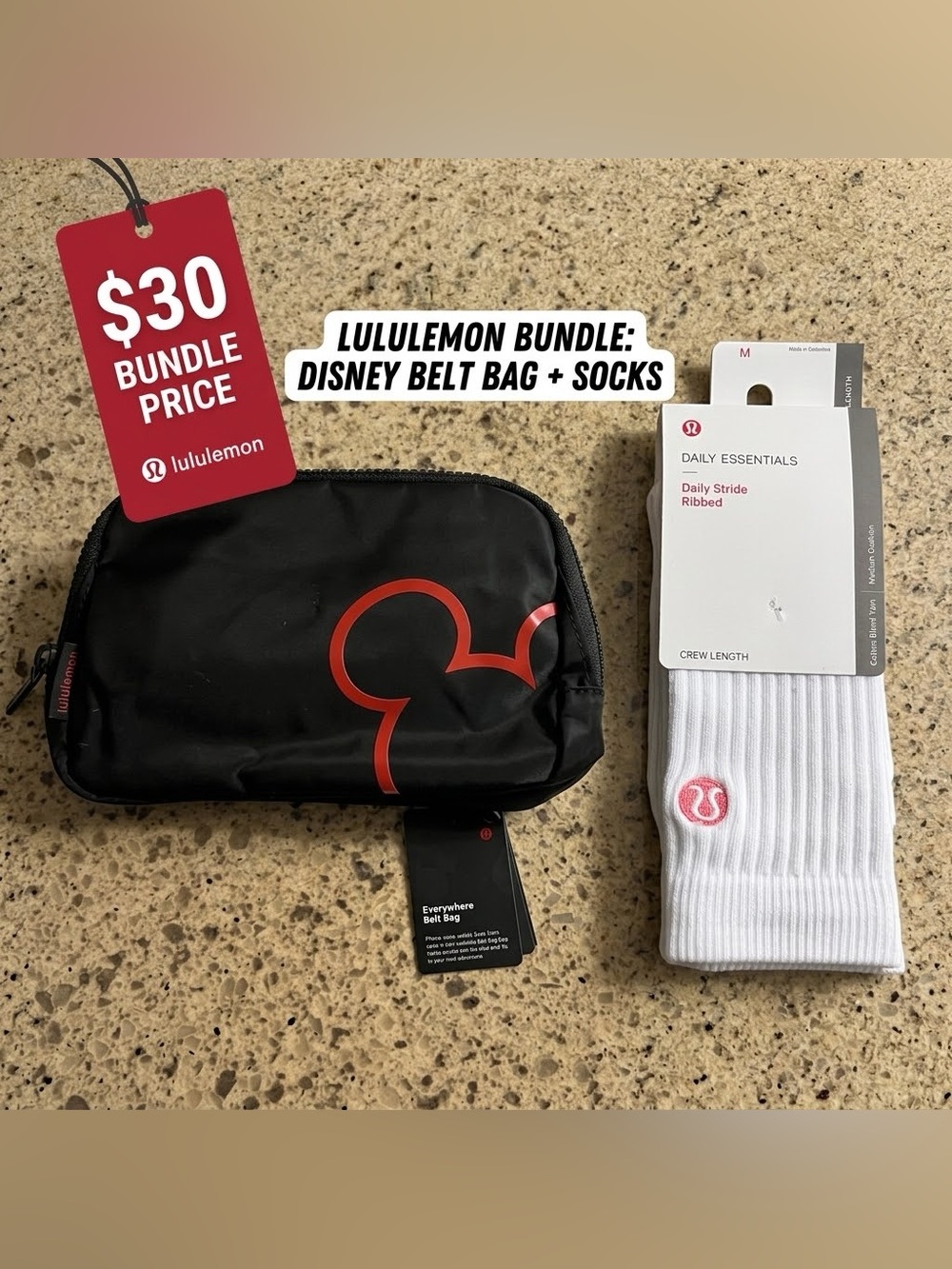 lululemon athletica Black Red Disney Everywhere Belt Bag White Crew Socks Mickey